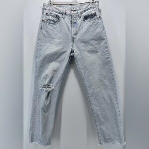 Levis 501 Premium Jeans Button Fly Big E Women’s 28x26 Light Wash Distressed Raw